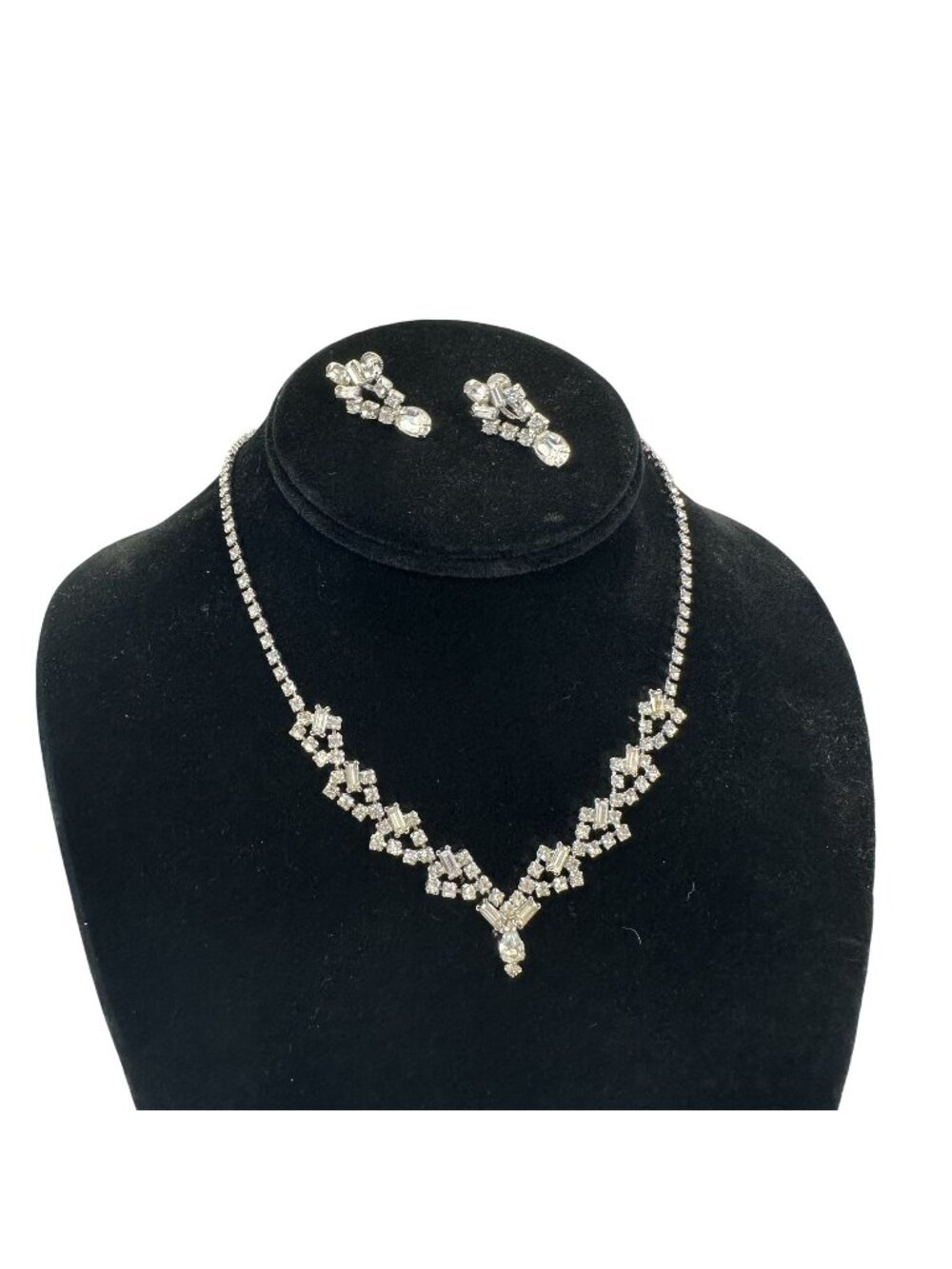 Vintage Silver Rhinestone Necklace & Screw Back Earrings Set Eveningwear Formal